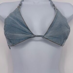 Rehab Lab Womens Light Wash Denim Triangle Halter Bikini Top Blue Size M